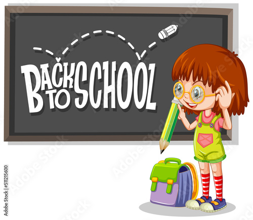 Girl holding pencil cartoon character with back to school on blackboard