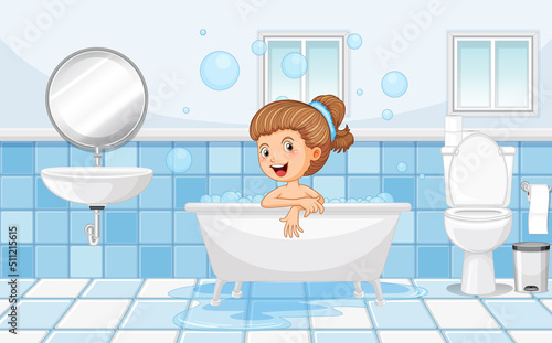 Happy girl taking a bath