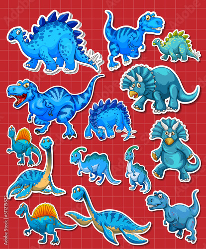 Sticker set of different dinosaur cartoon characters
