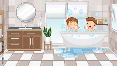 Happy kids playing bubbles in bathtub