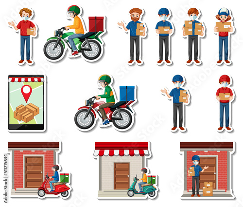 Sticker set of delivery objects and cartoon characters
