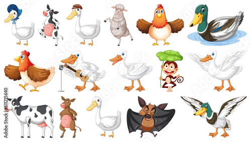 Many farm animals on white background