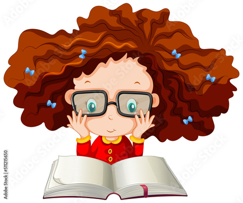 A girl reading a book on white background