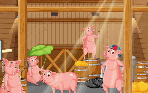 Barn indoor scene with farm animals