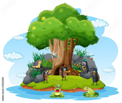Cartoon insect and beetle in the forest