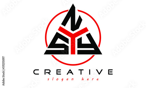 SNY three letter creative triangle shape in circle logo design vector template. typography logo | Letter mark logo | initial logo | wordmark logo | minimalist logo | gaming logo | emblem logo
