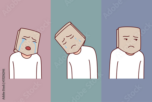 Person head in paper bag suffer from psychological mental problems. Man hide emotions struggling from depression or low self-esteem. Emotional instability. Vector illustration. 