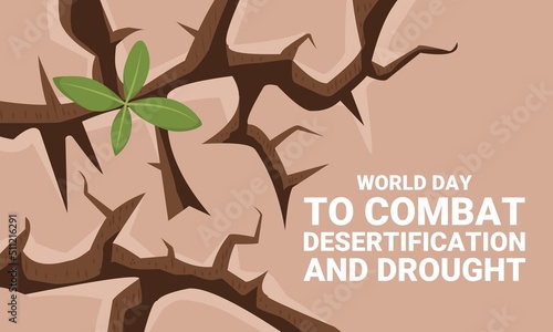 Vector illustration, new plant shoots on dry soil, as background image, banner, poster or template, World Day for Combating Desertification and Drought.