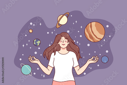 Calm happy girl meditate surrounded by planets. Young woman enjoy meditation dreaming or visualizing. Cosmos and universe. Astronomy concept. Flat vector illustration. 
