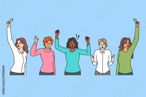 Diverse multiethnic women on demonstration against gender discrimination. Determined multiracial females strike for equal rights. Flat vector illustration. 