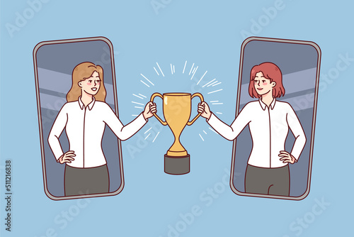 Happy businesswoman on smartphone screen stretch hand holding golden trophy together. Successful remote deal and online agreement. Flat vector illustration. 
