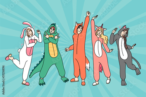 Happy people in funny animal costumes dancing and having fun. Friendship and partying. Flat vector illustration. 