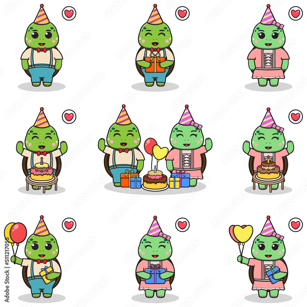Vector of Cute Turtle in Birthday Party. Set of cute little Turtle characters. Collection of funny Turtle isolated on a white background. Vector of Cute Turtle in Birthday Party. Set of cute little Turtle characters. Collection of funny Turtle isolated on a white background.