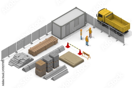 People working at the construction site. Lots of materials. Construction site and heavy equipment excavator car. Building work.