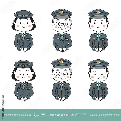 挨拶する駅員のイラストセット、ハンドサイン