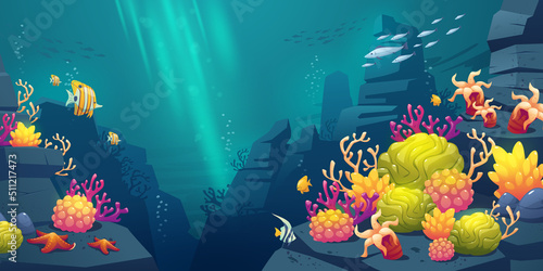 Underwater sea reef landscape with tropical fish, coral, red stars and sponges cartoon vector background. Blue lagoon world or aquarium with colorful animals and sun beams