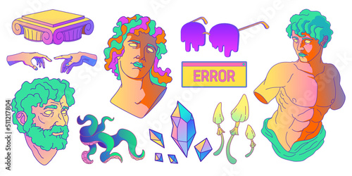 Psychedelic stickers with antique greek sculpture, mushrooms and cristals, tentacles and columns. Vector cartoon set of acid design badges with roman statues heads and torso isolated on white