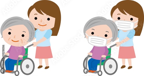 車椅子のおばあさんと若い女性