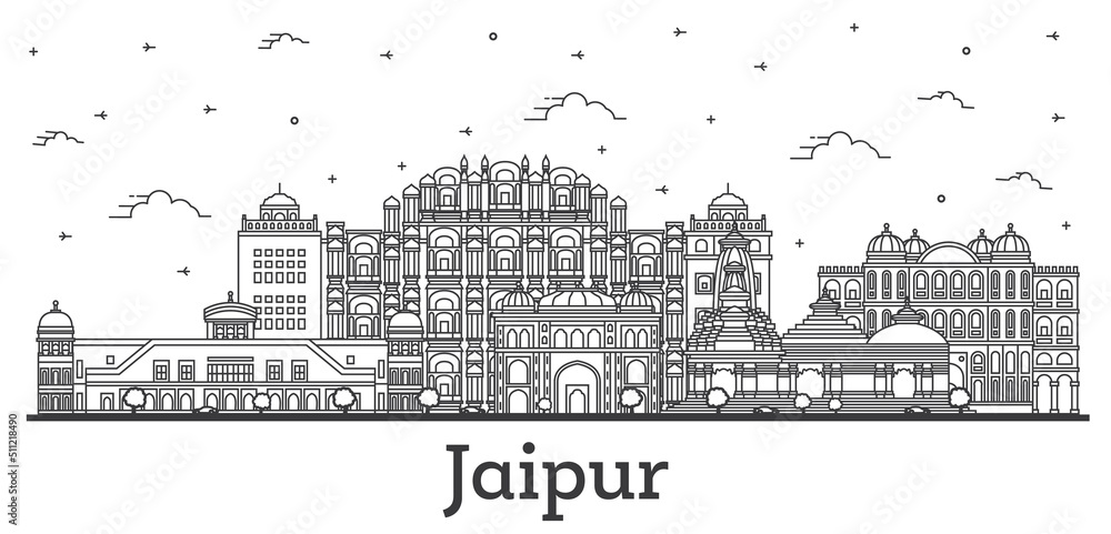 Outline Jaipur India City Skyline with Historic Buildings Isolated on White.