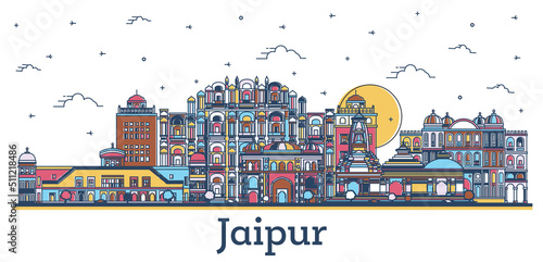 Outline Jaipur India City Skyline with Colored Historic Buildings Isolated on White. photo