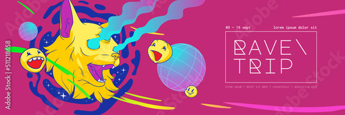 Rave trip party poster with psychedelic stickers on pink background. Vector horizontal poster with cartoon acid illustrations of cat with three eyes and emoticons