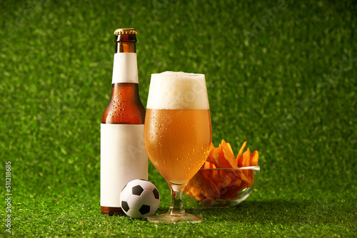 Bottle and glass of beer on the green grass background. photo