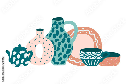 Ceramics, pottery kitchenware collection . Dishes, pot, cup, mug, spoon, plate, jug, bowl isolated on white. Hand drawn vector set. Flat design.