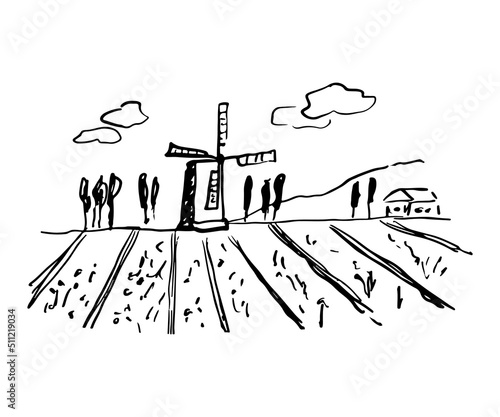 Drawing vintage windmill and italian landscape. Engraved style vector illustration isolated on white background. Tuscany Rural field, house and clouds.