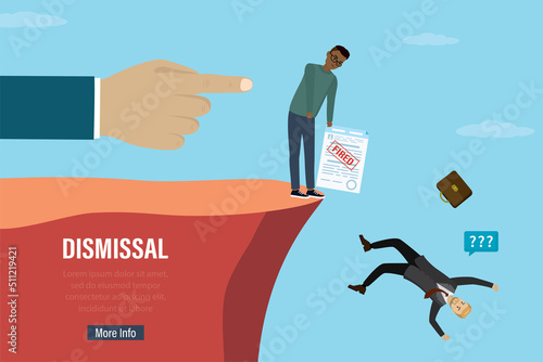 Big hand in gesture. Boss fires employees. Unhappy dismissed managers fall off the cliff, staff reduction. Unemployment, concept. Economic crisis, financial problems.