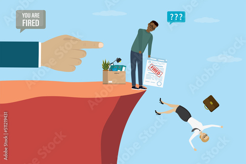 Big hand in gesture. Boss fires employees. Unhappy dismissed managers fall off cliff, staff reduction. Unemployment, concept. Economic crisis, financial problems.