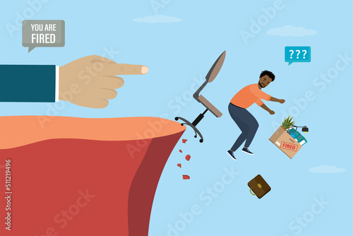 Big hand in gesture. Boss fires male employee. Unhappy dismissed manager fall off cliff, staff reduction. Unemployment, discrimination concept. Economic crisis, financial problems.