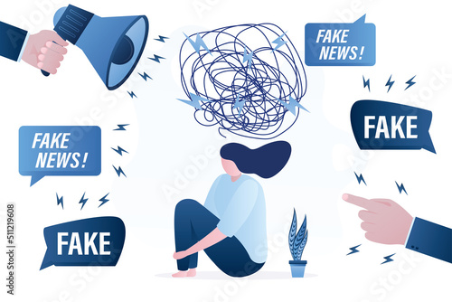 Unhappy woman needs psychological help after watching propaganda and fake news. Pressure on psyche through media. Lies, misinformation in press. Mental health, fears. Panic attack. photo