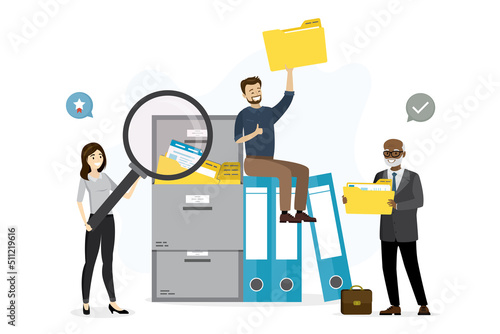 Group of office clerks or employees searching file. File binders, yellow folders with documents. File manager, data storage and indexing. Files search process, teamwork. Database.