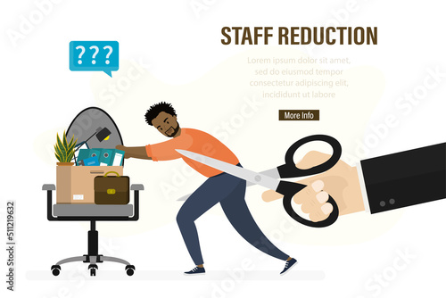 Boss hand uses scissors and cuts off fired african american employee. Jobless manager push business chair, box with office supplies. Dismissal, staff reduction. Optimization, economic crisis.