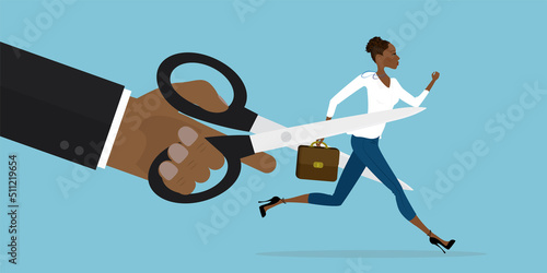 Staff reduction, business concept. Female worker tries to escape from the boss's big hand using scissors. Dismissal, unemployment during the economic crisis.