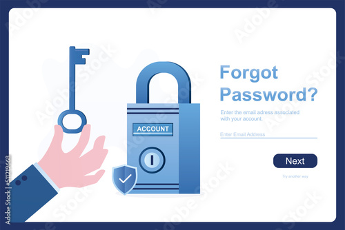 Hand give big key, account unlock. Padlock, internet security. Forgot password, web page template. Online support, assistance in recovering passwords, user profile or account. F
