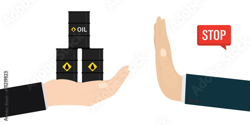 Seller hand holding oil barrels. Hand of a politician or diplomat shows a gesture - STOP. Ban on import oil, gas. Embargo, sanctions. Trade, economic wars.