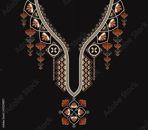 Vector ethnic African neckline pattern red-gold color flower shape design on black background. Elegant tribal art for shirts.