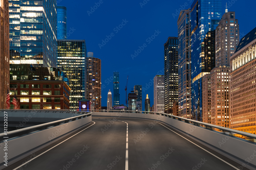 Fototapeta premium Empty urban asphalt road exterior with city buildings background. New modern highway concrete construction. Concept of way to success. Transportation logistic industry fast delivery. Chicago. USA.