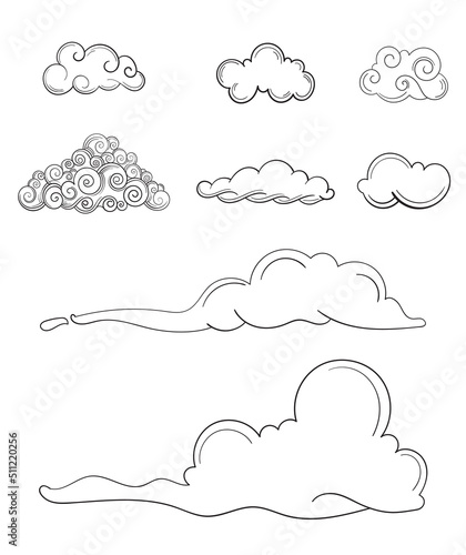 Vector set clouds of various shapes in hand drawn style. Elements for postcards or children's coloring books