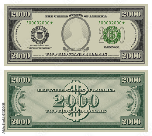 Vector two thousand dollars banknote. Gray obverse and green reverse fictional US paper money in style of vintage american cash. Frame with guilloche mesh and bank seals. James A. Garfield