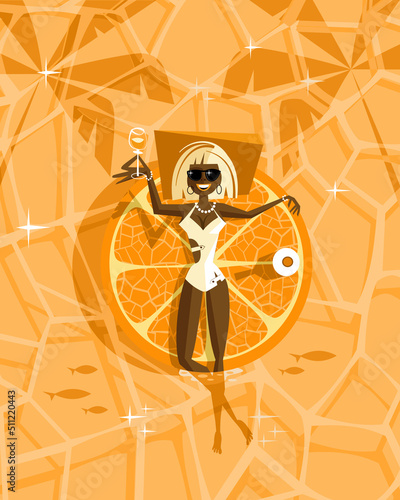 A dark-skinned girl is resting on an inflatable mattress in the form of an orange. Vector illustration.
