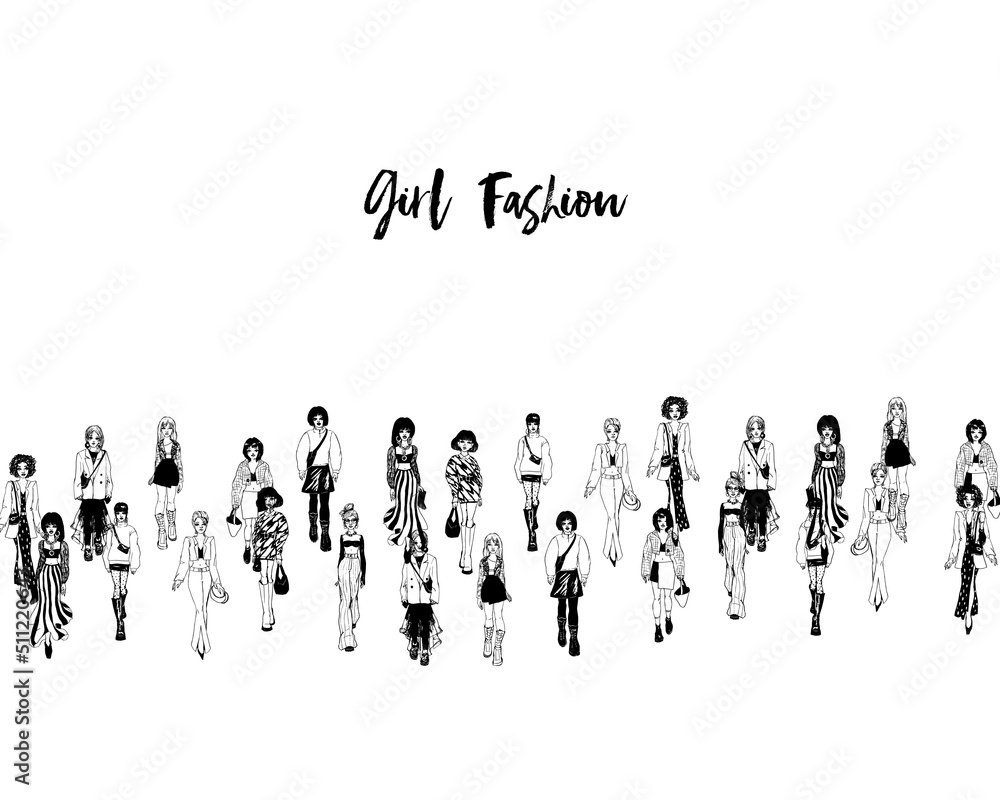 Naklejka premium Stylish young women dressed in trendy clothes. Crowd of girls. Black and white illustration