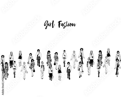 Stylish young women dressed in trendy clothes. Crowd of girls. Black and white illustration
