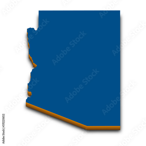 Arizona 3D map. Detailed 3d map with dropped shadow. Blue isometric silhouette. Vector illustration. Template for design and infographics.