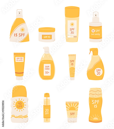 Set sunscreen with SPF. Illustration summer safety cosmetic in hand drawn style. Collection skin care ultraviolet radiation products: tube, spray, lotion. Vector