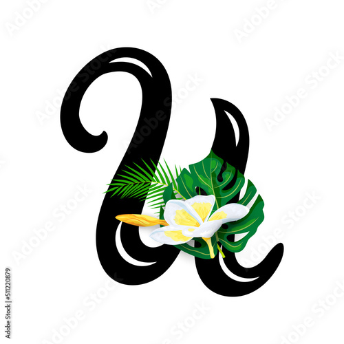 Hand drawn letter U with tropical leaves and plumeria flower isolated on white background. Vector illustration.