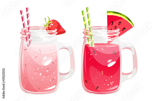 Strawberry and watermelon smoothie on a white background.Summer refreshing cocktails in jars with watermelon and fresh strawberries.Vector illustration.
