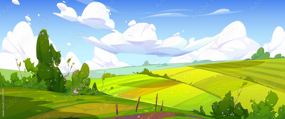 Obraz premium Rural landscape with green agriculture fields, path and bushes with flowers. Vector cartoon panoramic illustration of summer countryside with pastures, grass and farmland