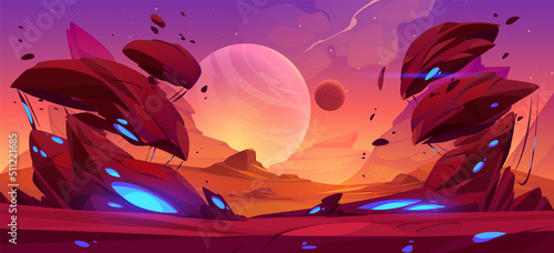Fantastic landscape of alien planet with rocks, flying stones and glowing blue spots. Vector cartoon fantasy illustration of cosmos and planet surface panorama for space game background